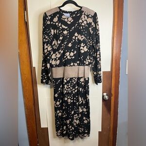 Vintage Samuel Blue Women’s Sz 6 Black & Tan Rayon Faux Suede Blouson Dress